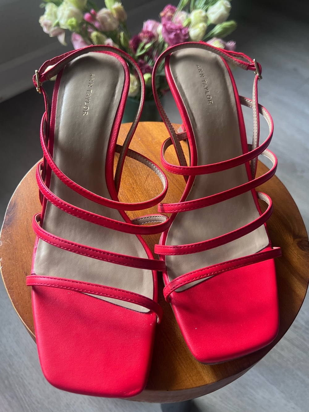 Ann Taylor Bright Red Multi-Strap Square-Toe Heels